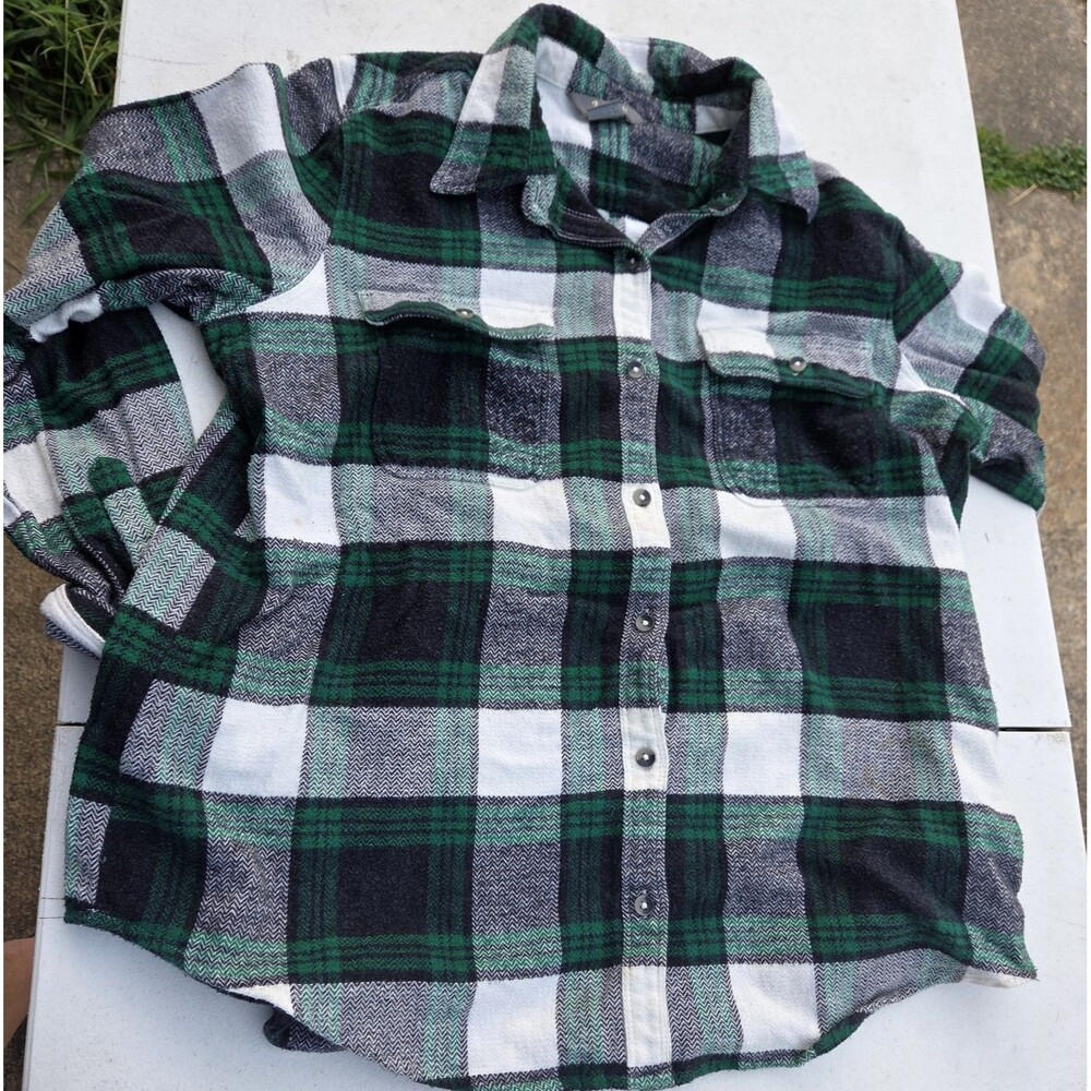 Natural Reflections Flannel Women L Green Black White Plaid Button Up Cotton